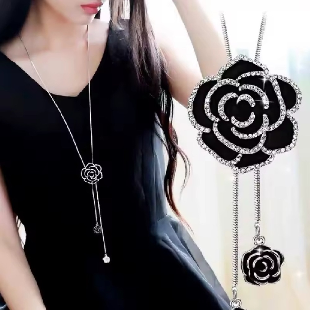Black and Silver Camellia Flower Pendant Necklace